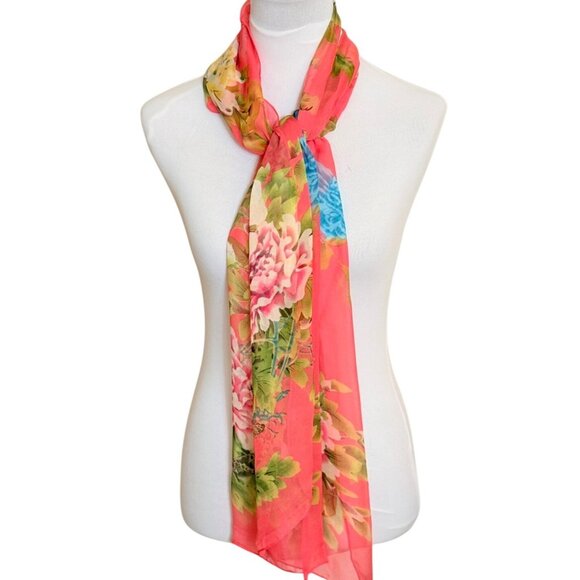 Summer Floral Garden Scarf Wrap Coral Chiffon Lightweight Sheer Silk-Feel Fabric - Picture 12 of 12